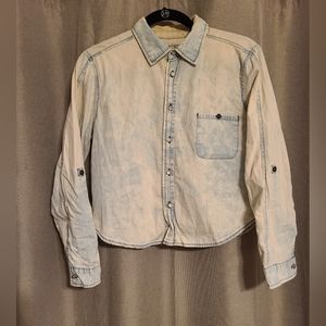 American Rag Distressed Denim Cropped Long Sleeve Button-up